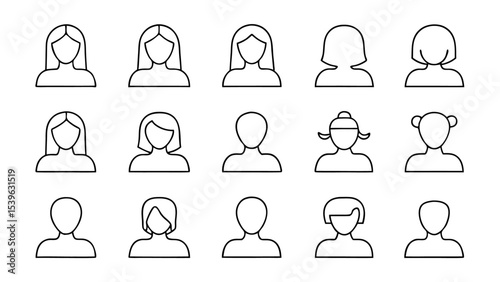 set of man and woman face drawn in black line art