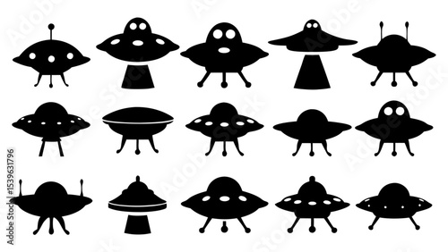 UFO set silhouettes on tranparent background