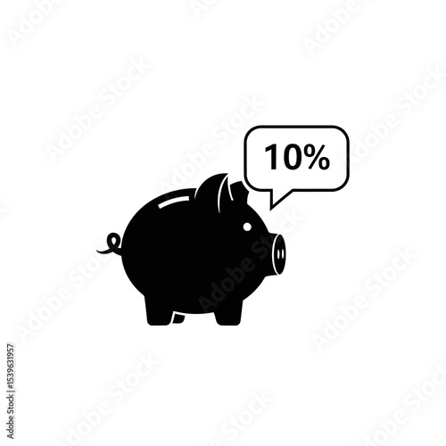 Piggy bank with a ten percent speech bubble isolated on white background