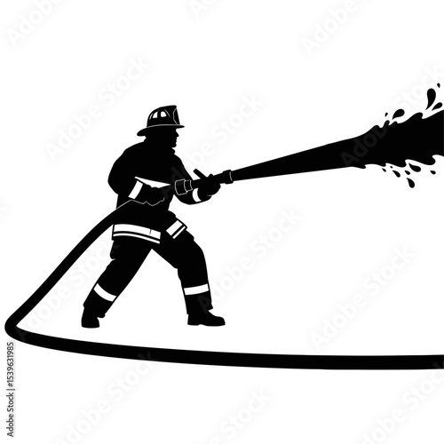Silhouette of a firefighter spraying water from a hose isolated on white background