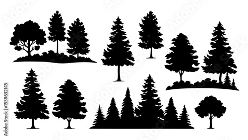 A set of minimalist pine trees silhouette vector