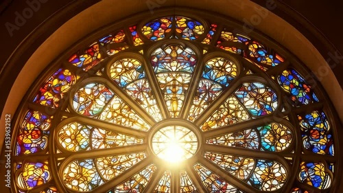 Detailed shot of a bright, colorful stained glass window with light shining through in a circular pattern in an old building