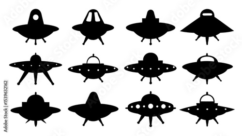UFO set silhouettes on tranparent background