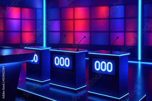 Colorful game show set with empty contestant podiums and glowing background lighting