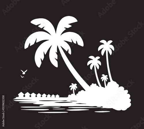 white silhouette of maldives on black background vector logo. white silhouette of tropical landscape with line of houses near ocean shore vector chalk on black background