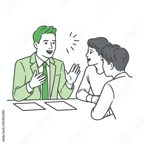 Green Suited Man Presenting To Two Men At Table lightgreen