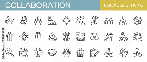 Collaboration line icon set – Includes teamwork, communication, business, partnership, support and cooperation. Editable stroke. Vector illustration.