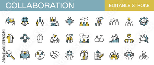 Collaboration line icon set – Includes teamwork, communication, business, partnership, support and cooperation. Editable stroke. Colored vector illustration.