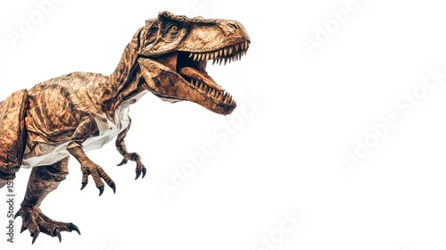 Fototapeta Close-up of a T-Rex dinosaur model against a white background, showcasing its detailed features and texture.