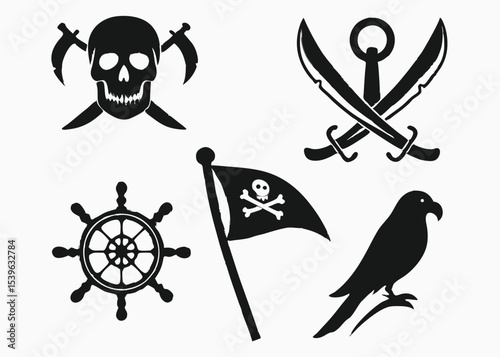 A collection of black pirate themed silhouettes featuring jolly roger, swords, and nautical elements.