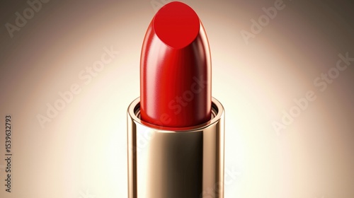 A close-up shot of an elegant red lipstick in its tube, with the cap off to reveal the rich color and sheen inside. Glamorous glossiness. A luxurious beauty product advertisement