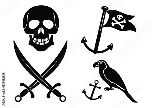 A collection of pirate themed illustrations featuring a skull and crossbones parrot and other nautical elements.