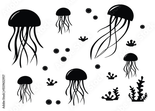 Abstract black and white illustration featuring artistic silhouettes of jellyfish and aquatic elements
