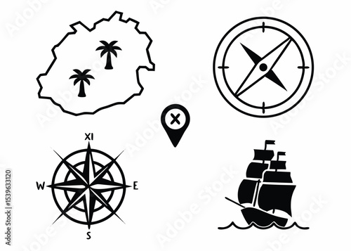 Black and white adventure icons featuring a map compass and sailing ship for navigation concepts