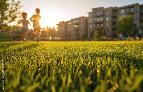 Two children run through a grassy park at sunset, apartment buildings in the background