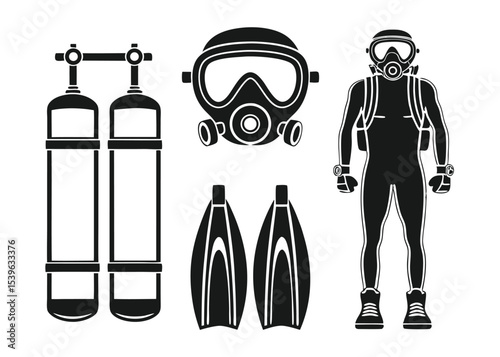 Black and white illustration of scuba diving equipment and a diver ready for underwater exploration