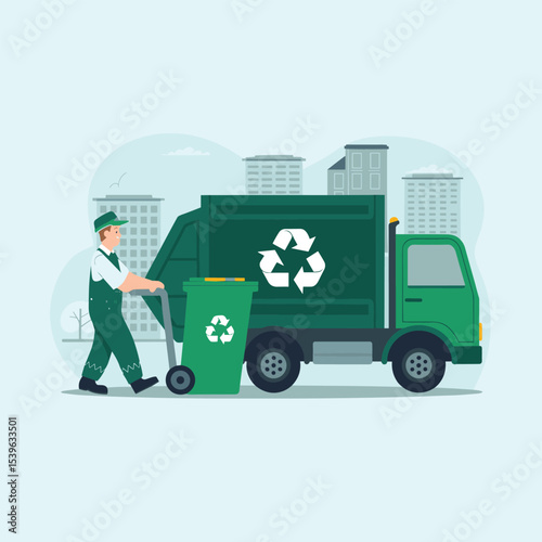 Garbage Collector with Recycling Bin and Truck in Urban Area – Eco Waste Management Illustration

