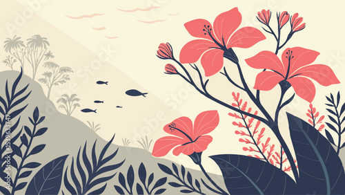 Illustration of a tropical landscape with flowers, plants, and fish swimming in the ocean view scene