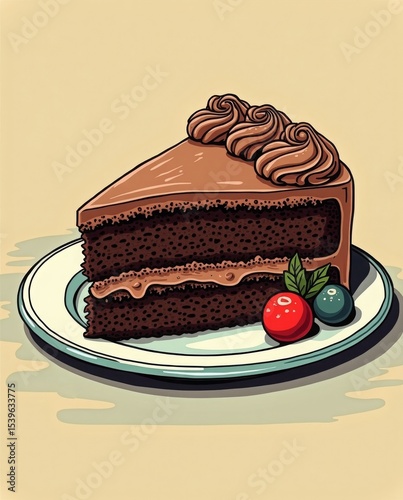 A close-up vintage-style cookbook illustration of a creamy chocolate cake slice, rich frosting, on a vintage plate, 1950s diner aesthetic, bold outlines, vibrant colors
