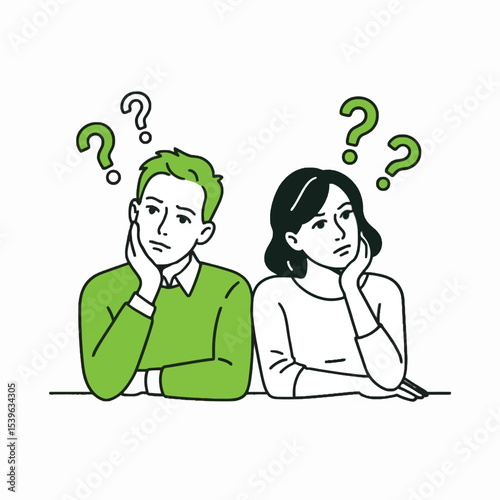Man and Woman Pondering Questions Green Shirt Black Hair Line Art Illustration couple thinking
