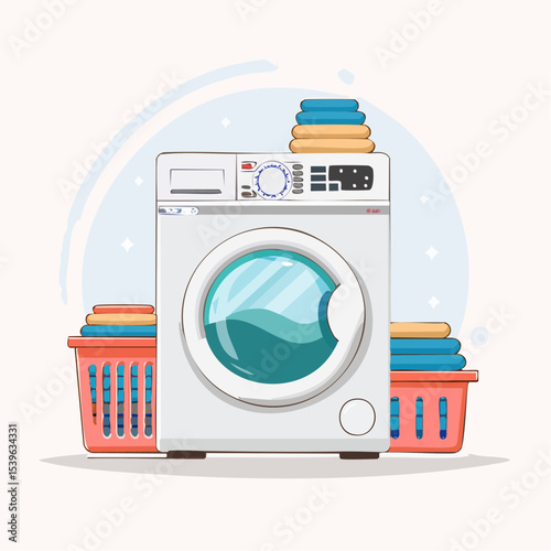 Icons showing the laundry process including washing, drying, folding, and storage steps.