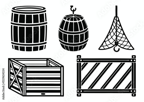 Black and white illustrations of various storage containers including barrels and shipping crate graphic