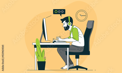 Stressed businessman on workplace tired to work on computer. Business man head in fire. Deadline, late with working task. Overworked stressed office worker. Time management. Flat vector illustration