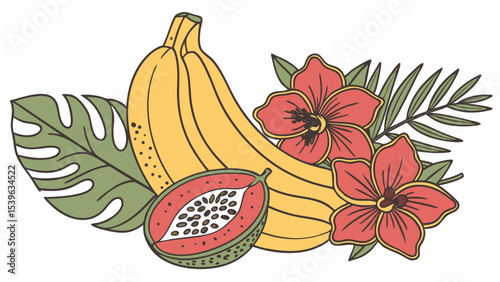 Illustration of a tropical fruit arrangement with bananas papaya and hibiscus flowers design is cute