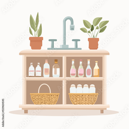 An under-sink space organized with bottles and bins for easy access to cleaning supplies.