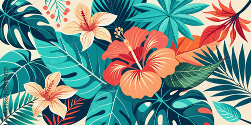Vibrant tropical foliage featuring hibiscus flowers and various leaf shapes in a colorful design