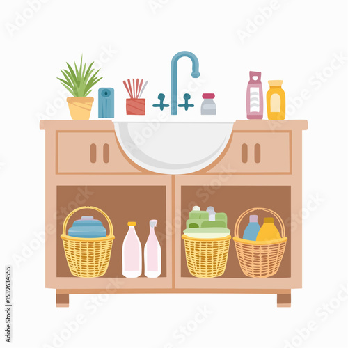 An under-sink space organized with bottles and bins for easy access to cleaning supplies.