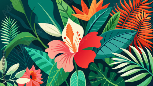 Illustration of tropical foliage with vibrant flowers and lush green leaves in a jungle setting