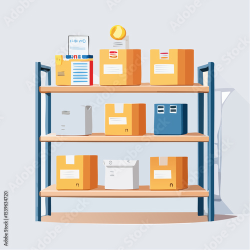 Storage boxes with visible labels arranged on shelves, used for home organization.