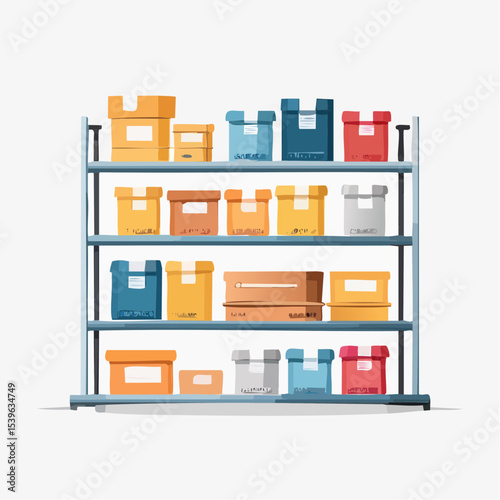 Storage boxes with visible labels arranged on shelves, used for home organization.