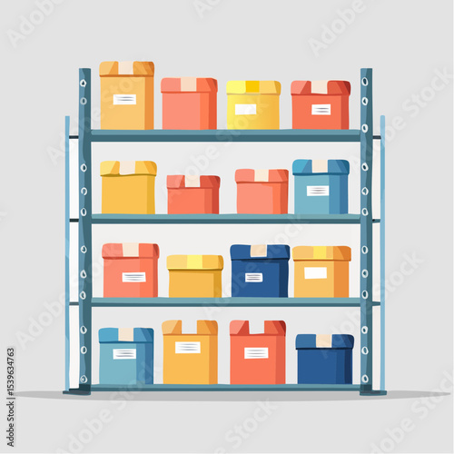Storage boxes with visible labels arranged on shelves, used for home organization.
