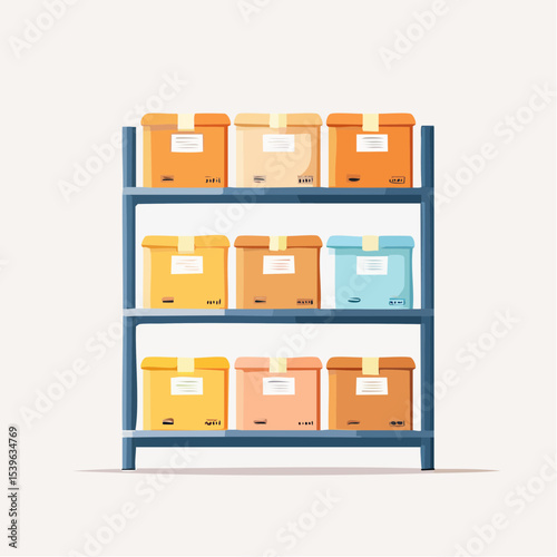 Storage boxes with visible labels arranged on shelves, used for home organization.