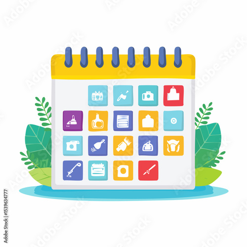 A wall calendar with simple cleaning icons on different days, perfect for organizing chores.