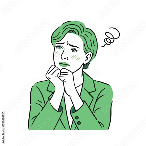 Pensive Woman Green Jacket Short Hair Freckles Worried Expression thinking