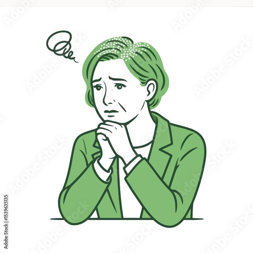 Pensive Woman Green Jacket Thoughtful Expression Short Hair thinking