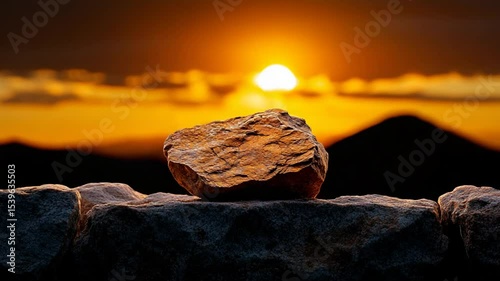Golden Hour Serenity: A textured stone rests upon a weathered stone wall, perfectly framed against a blazing sunset, with the silhouette of rolling hills.