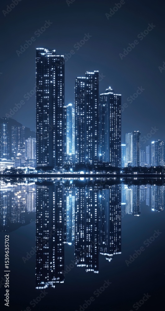 Obraz premium Night cityscape reflected in still water. Tall buildings illuminated by city lights, mirrored perfectly in a calm body of water. Cool blue tones dominate