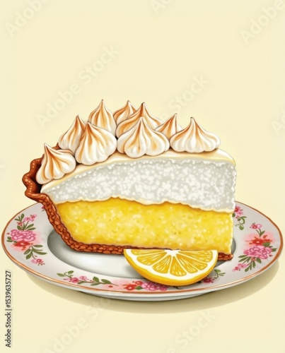 A close-up vintage-style cookbook illustration of a homemade lemon meringue pie, glossy meringue, on a floral plate, 1940s aesthetic, delicate watercolor effect