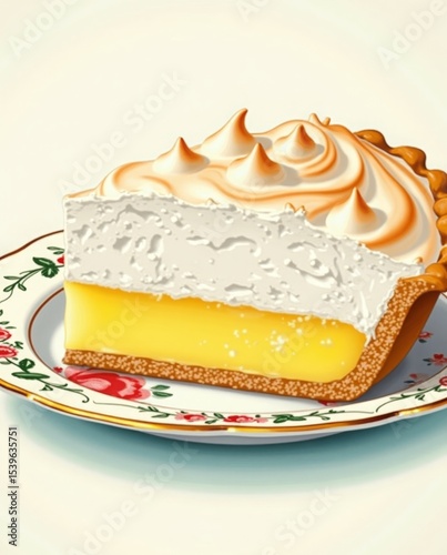 A close-up vintage-style cookbook illustration of a homemade lemon meringue pie, glossy meringue, on a floral plate, 1940s aesthetic, delicate watercolor effect