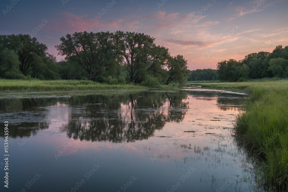 Obraz premium A slow river reflecting a pastel evening sky passing through a lowland field with sparse trees in the distance giving space to the landscape for cinematic storytelling the subtle color