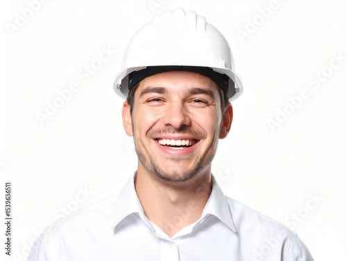 Smiling Architect: A portrait of a confident architect, his radiant smile accentuated by a crisp white hard hat and shirt.
