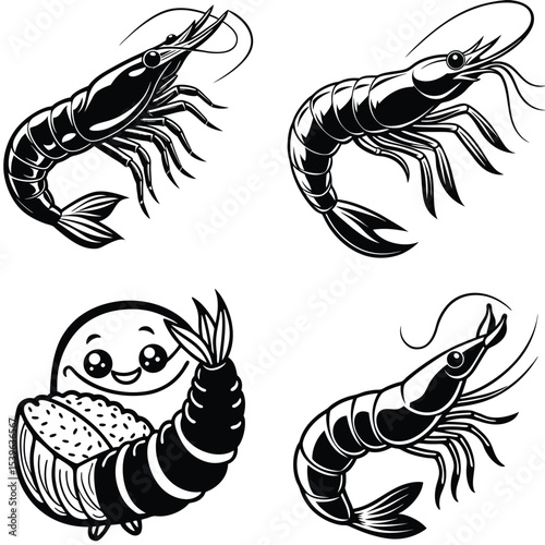 Black White Shrimp Graphics Bundle