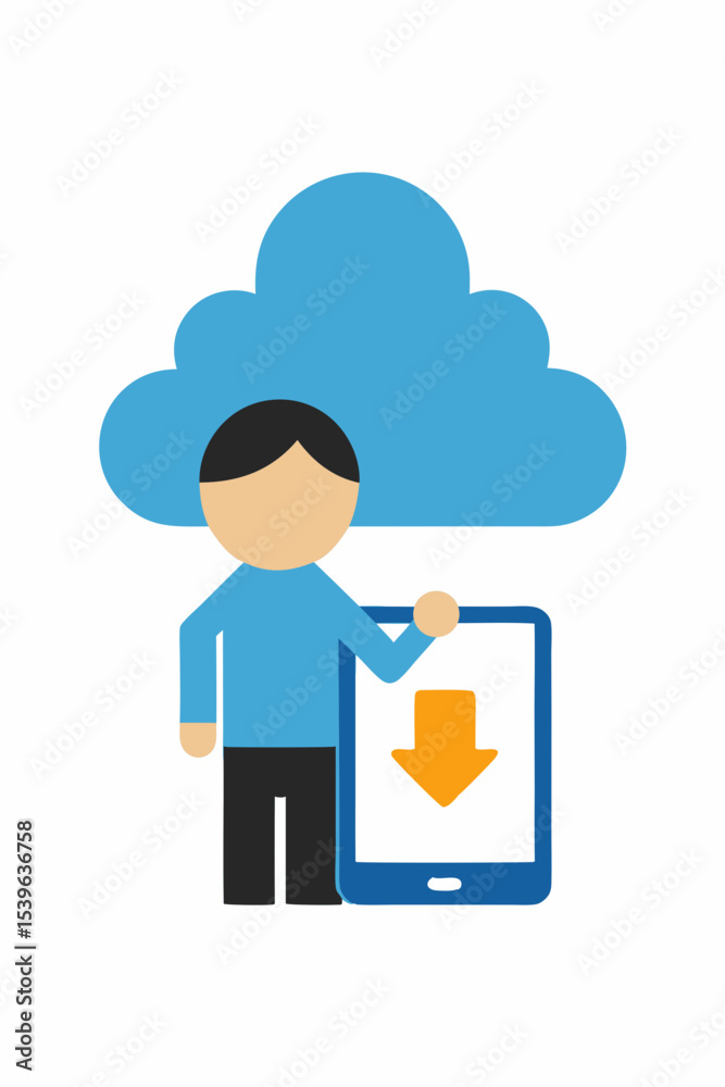 This cartoon illustration depicts businessmen leveraging various devices for cloud computing, symbolizing technology, network communication, and business success This cartoon illustration depicts businessmen leveraging various devices for cloud computing, symbolizing technology, network communication, and business success