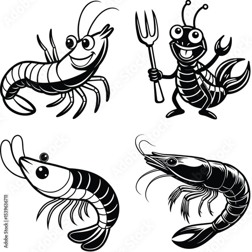 Black White Shrimp Vector Design Set