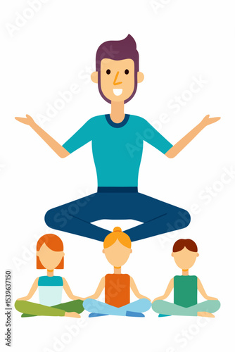 Cartoon vector illustration of a boy and girl doing yoga in a lotus position, smiling and having fun