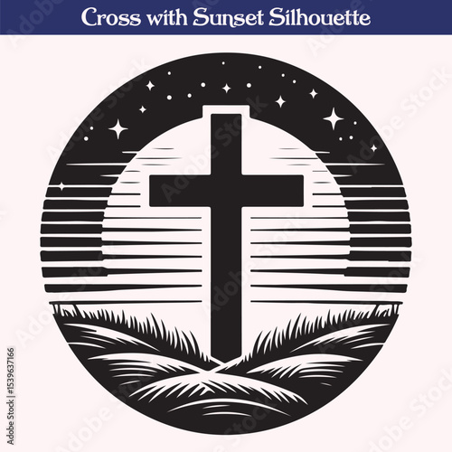 Cross with Sunset Silhouette Vector – Inspirational Faith and Nature Graphic